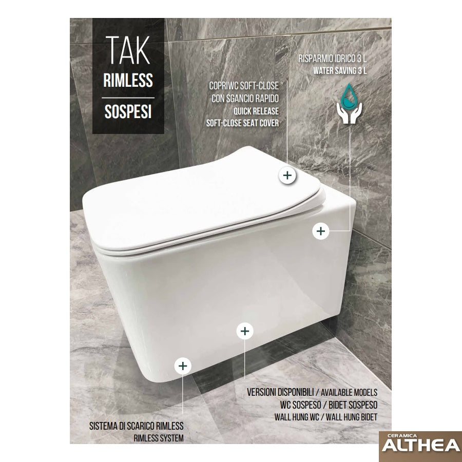 SANITARI SOSPESI CERAMICA ALTHEA SERIE TAK RIMLESS cm.52x36